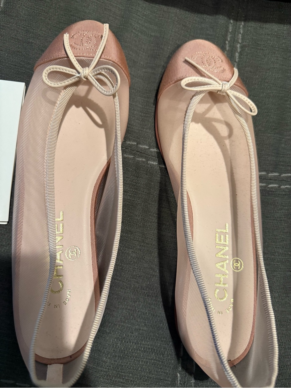 CHANEL Blush Pink Mesh Cap-Toe Ballet Flats with Ivory Bow